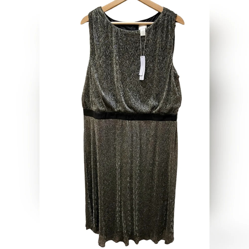 NEW Chico's Pleated Split back metallic gold tone shimmer Midi Dress - Picture 3 of 12